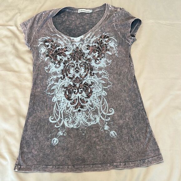 Liberation szS distressed tie dye embellished SS T difficult color to photo GUC - Picture 2 of 7